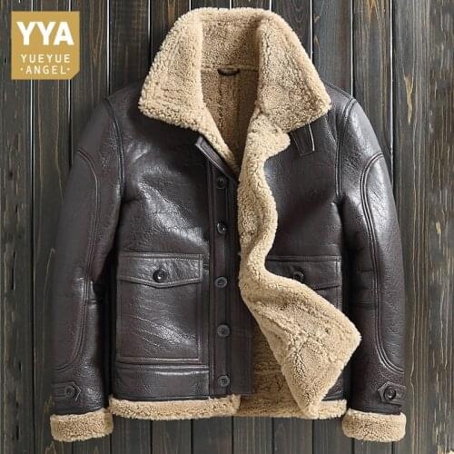 Winter Mens Natural Wool Lining Overcoat Thick Warm Shearling Coat Luxury Fur Male Slim Pilot Sheepskin Genuine Leather Jacket
