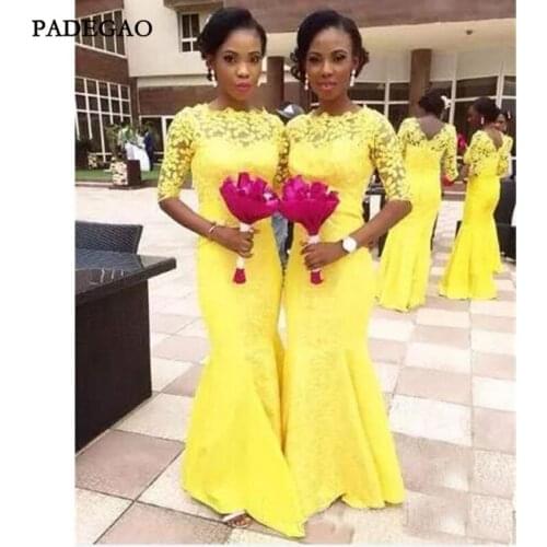 Sheath Yellow Bridesmaids Dresses With Lace Mermaid Half Sleeves V Back Ruched Bridesmaids Dresses Prom Plus Size