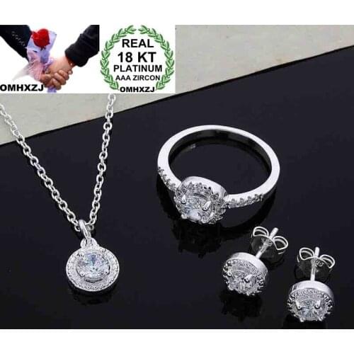 OMHXZJ Wholesale European Fashion Woman Girl Party Wedding Gift 18KT White Gold Stud Earrings+Ring+Necklace Jewelry Set JE01