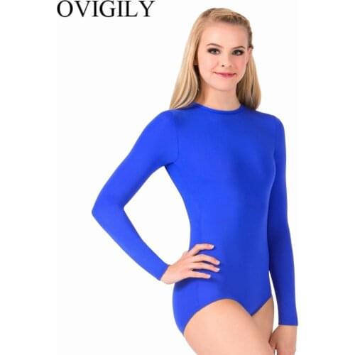 OVIGILY Adults Black Ballet Dance Leotards Crotch Button Womens Crew Neck Long Sleeve Gym Leotard Jumpsuits Basic Tops No Zipper
