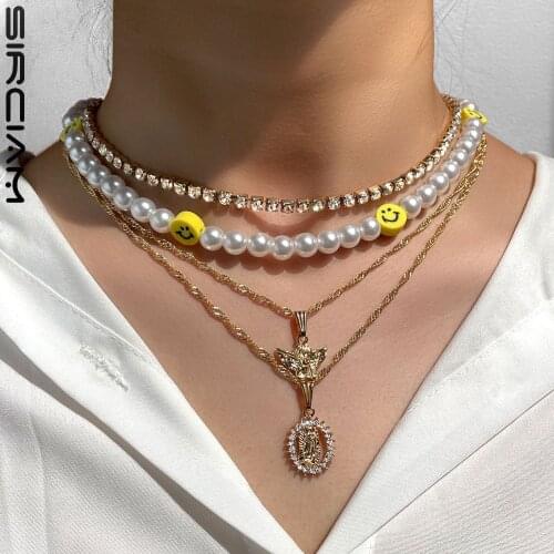 Multilayer Crystal Choker Yellow Smiley Pearl Beaded Necklace For Women Angel Cross Flower Coin Charm Chain Necklace Set Jewelry