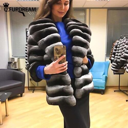 Q.FURDREAM New Woman Fashion Winter Warm Thick Chinchilla Color Real Rex Rabbit Fur Coat Three Quarter sleeve Big Lapel Jacket