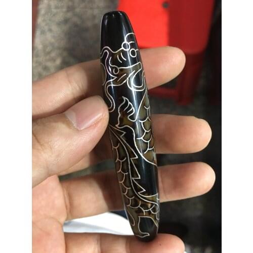 Real Treasure LKbrother High Quality Energy Magic Tibetan Old Oily Agate Silver Inlay Swaying Dragon dZi Bead 78mm