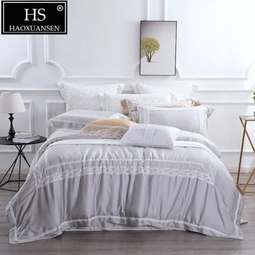 High-end Queen King Size Grey 4 Piece Bedding Sets Lace Princess Organic Natural 100% Tencel Lyocell Duvet Cover Bed Sheet Set