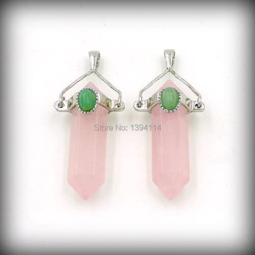 Pink Quartz Crystal Points Pendants Hexagon Pillar Glued Swing Buckle Of Plating Platina Approx 45*8 mm
