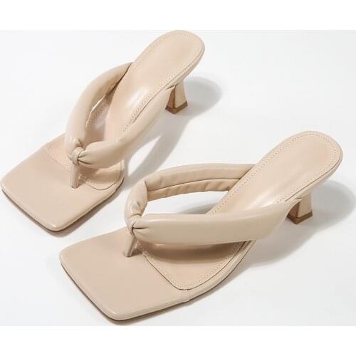 2021 New Summer Slippers Women Clip Toe High Heels Fashion Slides Shoes Ladies Sandals Apricot White Black Flip Flops Size 42