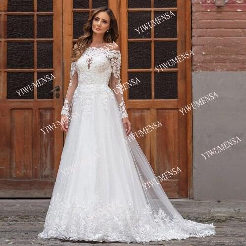 A Line Off Shoulder Floor Length Women Bridal Dress Tailor-Made Shinny Skirt Lace Appliques Long Sleeves Wedding Gown Plus Size