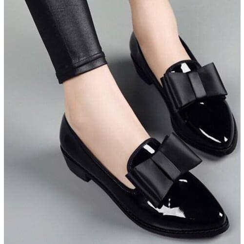 Fashion Women Bow Low Heels Womens Pointed Toe Patent Leather Pumps Woman Slip On Platform Shoes Female Footwear