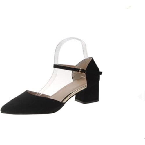 Spring and summer new word buckle high-heeled shoes sexy pointed shallow mouth thick heeled shoes Korean fashion occupation