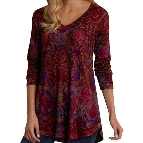 Womens Casual V-neck Flower Prints Blouse Long-sleeved Blouse Tops Loose Hem Loose Shirt Blouse Camisa Femenina #G2