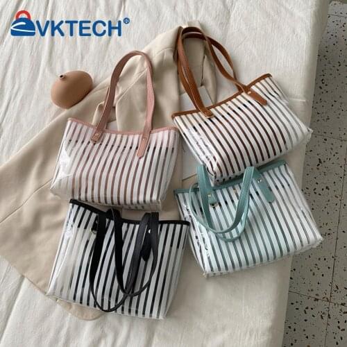 Women Clear Stripes 2pcs Composite Bags Summer Casual Small Shoulder Tote Bag Leisure Female Shopping Tote Pouch
