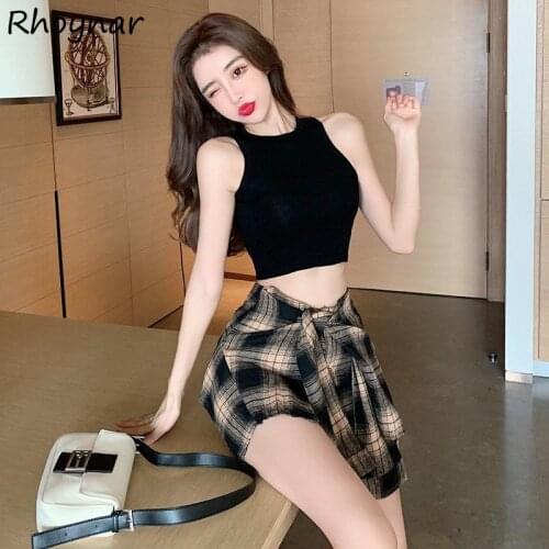 Women Sets Plaid Casual Patchwork Slim Korean Style Vintage Sleeveless Sexy Plus Size Simple Students Fashion Streetwear Female
