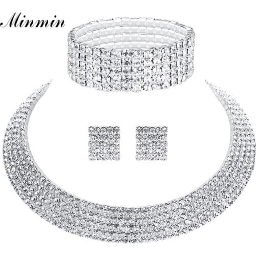 Minmin Crystal Silver Color Jewelry Sets Round Choker Necklace Earrings Bracelet for Women Wedding Accessory TL294+SL090