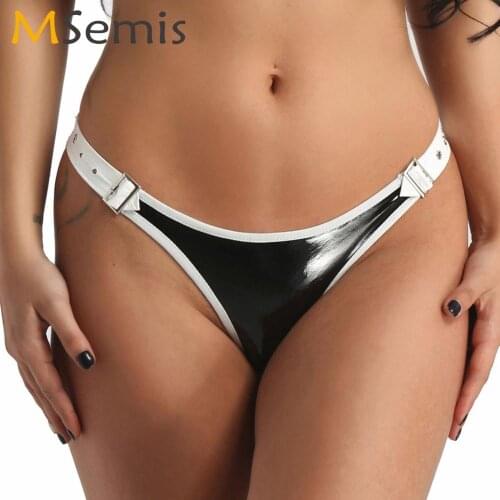 Women Underwear Sexy High Cut Wetlook Faux Leather Tanga Thong Adjustable Waist Buckles Micro Panties Femme String Bikini Briefs