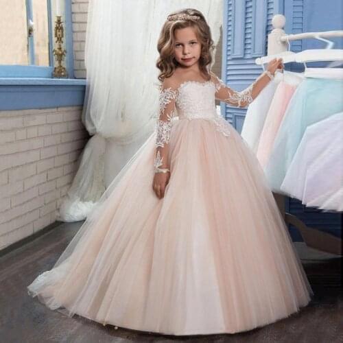 2021 Flower Teenager Bridesmaid Dress For Girl Children Costume Wedding Lace Princess Dresses Girls Long Sleeve Vestido White