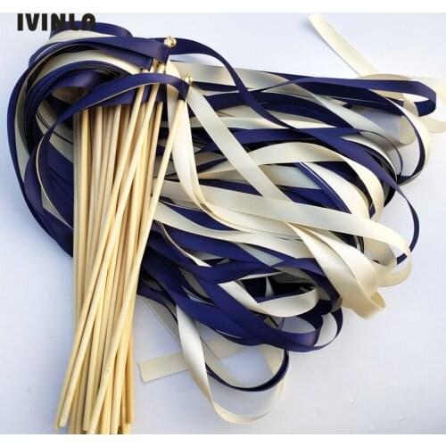 50 Pcs/Lot navy and cream wedding ribbon wands with gold bell for wedding decoration