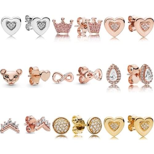 Authentic 925 Sterling Silver Earring Rose Radiant Teardrop Lioness And Heart Droplets Earring Studs For Women pan Jewelry