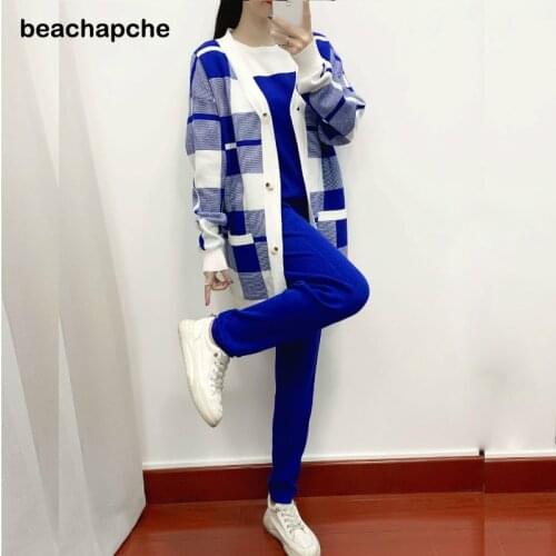 Beachapche Women Plaid Knit 3pcs Sets Tracksuits Short Sleeeve Sweater+ Cardigans+ Pants Suit Outfits
