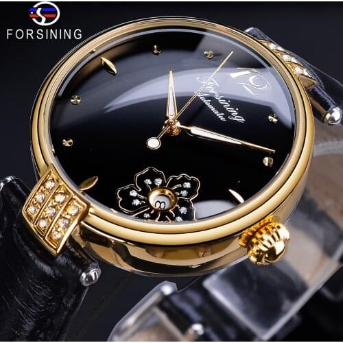 Forsining Flower Design Women Dress Watches Black Waterproof Genuine Leather Band Luminous Hand Date Automatic Mechanical Watch