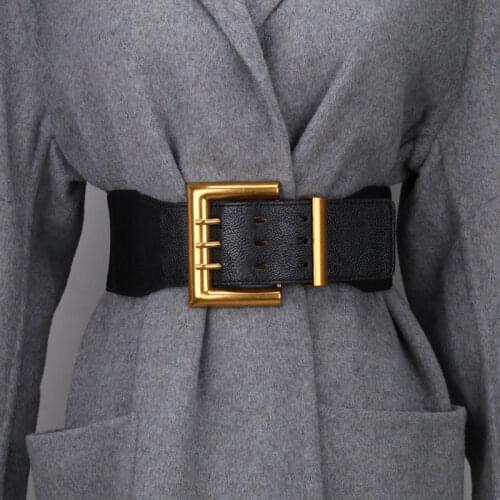 Black belt ladies decoration European and American wide waist 100 matching coat trench coat gold elastic pin buckle
