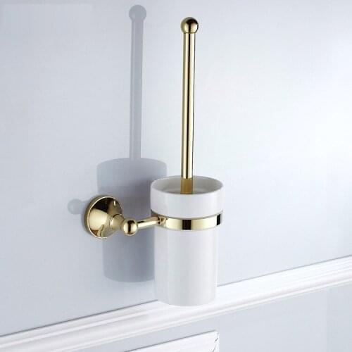 Toilet Brush Holders Gold Color Brass Toilet Brush Holder With Ceramic Cup Household Products Bathroom Decoration ZD876