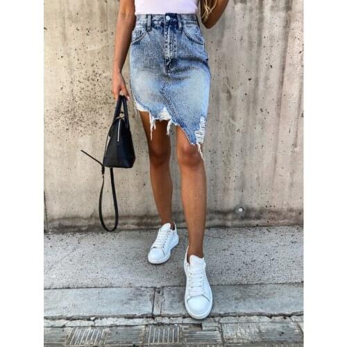 Women High Waist Irregular Hem Personality Ripped Hip Pencil Skirt Retro Pencil A Line Stretch Ripped Denim Skirt with Pockets
