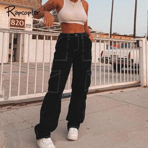 Rapcopter Contrast Black Jeans Big Pockets Denim Cargo Pants Women Streetwear Y2K 90S Joggers Vintage High Waisted Jeans 90S New