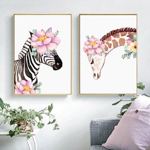 Animal Posters Beautiful Wear A Flower Zebra Horse Deer Canvas Paintings Lovely Nordic White Wall Art Kids Room Decor Pictures