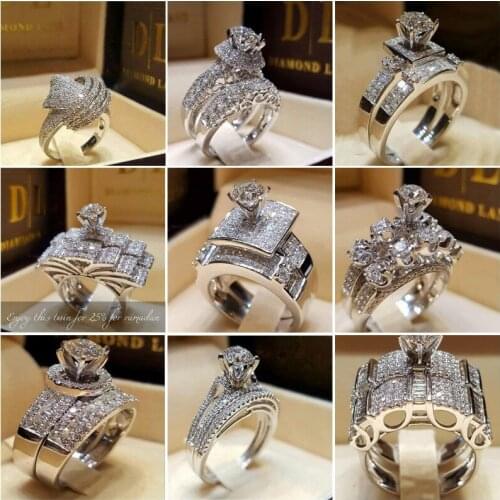 Handmade Fashion Jewelry 925 Sterling Silver Fill Multi Style Round Cut White AAAAA Zircon Pave CZ Couple Bridal Ring Set Gift