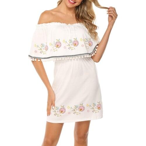 Summer White Strapless Casual Dresses Women Solid Print Off Shoulder Tassel Short Sleeve Sexy Mini Dress New Ropa Mujer 2019