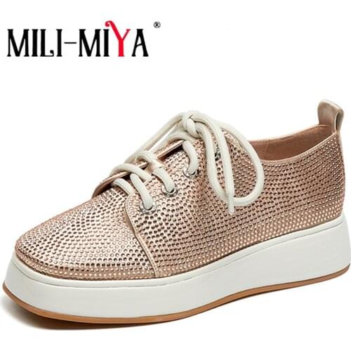 MILI-MIYA New Arrival Women Genuine Leather Lining Material Flats Crystal Platform Lace Up Round Toe Casual Shoes Handmade
