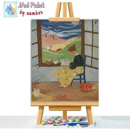 Nerdy-woman-reading-book Picture DIY Painting By Numbers Colouring Zero Basis HandPainted Oil Painting Unique Gift Home Decor