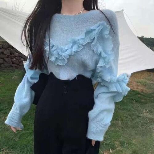 Nomikuma Korean Style Sweet Pullover Jumpers Ruffle Patchwork O Neck Long Sleeve Casual Cute Pull Femme Solid Color Sweater