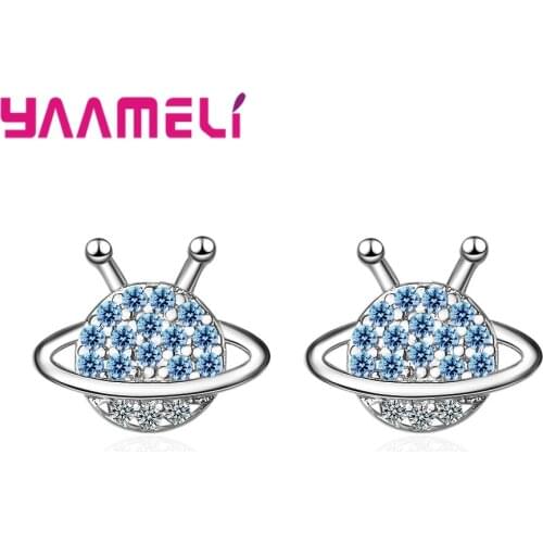 Latest 925 Sterling Silver Stud Earrings For Women Shiny Zircon Blue White Planet Earrings Birthday Party Jewelry Gifts