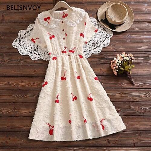 Japanese Girls New Summer Preppy Style Dress Lace Peter Pan Collar Fairy Princess Vestidos Cherry Embroidery Party Mini Dresses