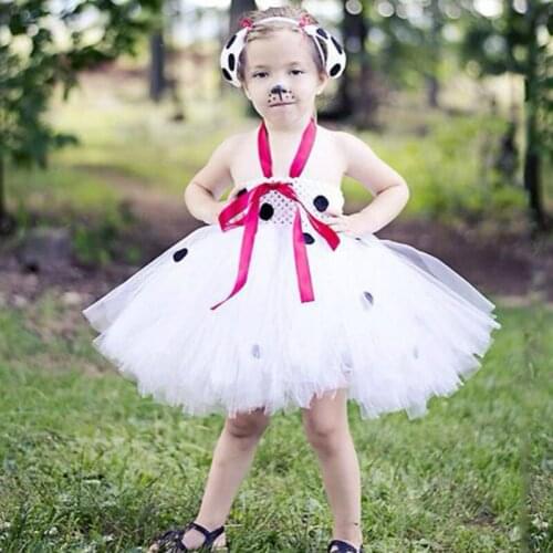 White Girls Dalmatian Puppy Dog Tutu Dress Handmade Kids Party Dress Halloween Baby Birthday Cosplay Outfit Photo Props Clothes