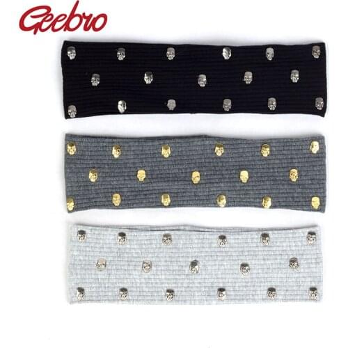 Geebro Casual Women Shinny Gold Sliver Skull Headbands Heard wrap Ladies Black Elastic Cotton Hair Bands Accessories For Party