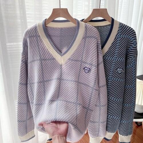 Autumn Winter Plaid Sweater Women V Neck Long Sleeve Oversized Knitted Sweaters Korean Warm Top Jumper Pull Femme