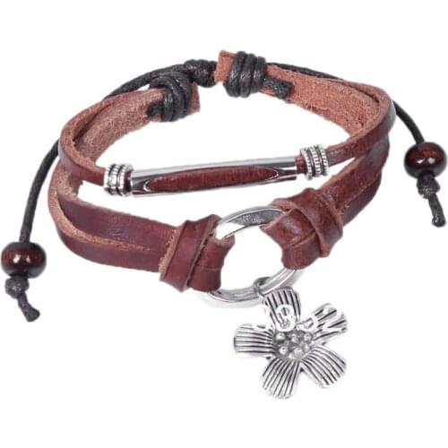 Vintage Lovely Flower Charm Beads Leather Bracelet Multilayer Adjustable Beaded Cord Bangle Wrap Wristbands Fashion Jewelry Gift