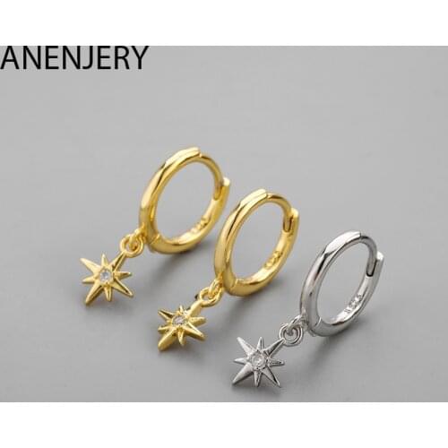 ANENJERY 925 Sterling Silver Simple Hot Fashion Star CZ Dangle Hoop Earrings for Women Girl Gifts S-E1421