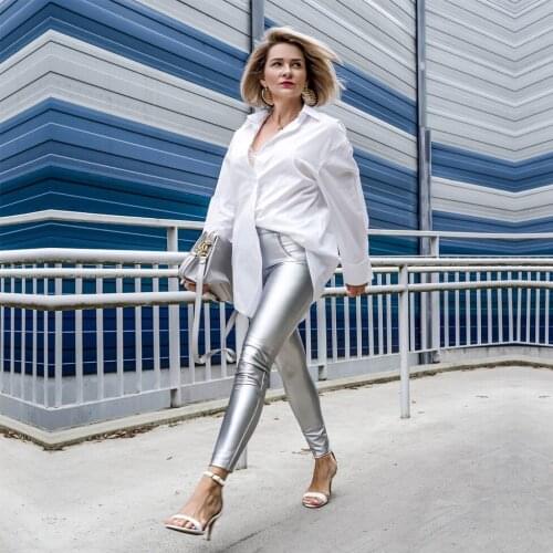 Melody Women Pu Leather Pants Push Up Fashion Silver Glitter Workout Tights Thick Leggings Anti Cellulite for Winter Full Length