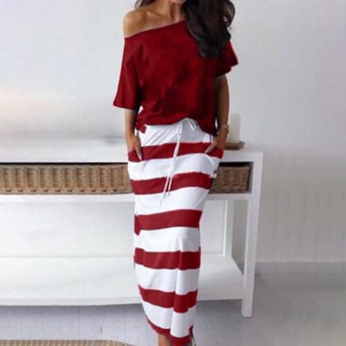 Women Sexy Off Shoulder Two Piece Sets Dress Solid Color 2021 Summer Shirts Striped Dress Sets Lady Casual Ankle-Length Dress
