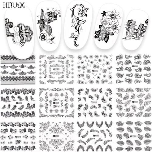 12pc DIY Nail Water Decals Lace Necklace Water Decals Nail Art Sticker Witch Black Flower Filigree Transfers Cursors Decoration