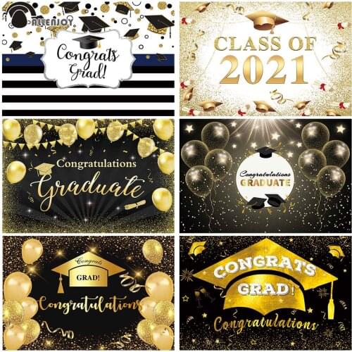 Allenjoy 2021 Graduation Photocall Glitter Gold Black Backdrop Balloon Bachelor Cap Ribbon Student Party Photophone Photography