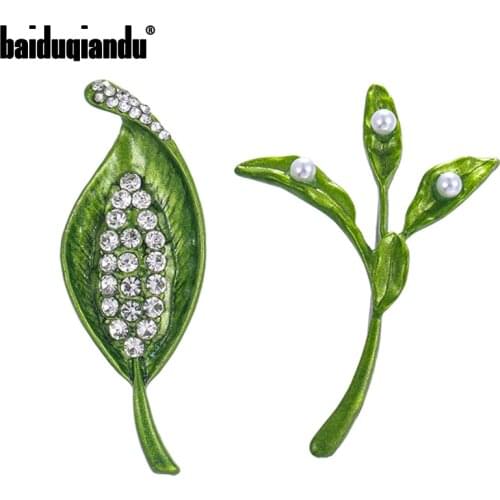 Baiduqiandu Women Men Green Leaf Grass Brooches Pins Clear Rhinestones Pearls Flower Plant Clothes Hat Shirts Jewelry