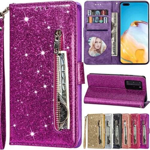 Fashion Glitter Leather Wallet Card Slots Flip Case Cover For Huawei P40 P30 P20 Lite Pro Y6/Y7 2019 P Smsrt 2019 Mate 20 Lite