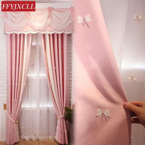 Childrens Room Curtains Simple Modern Bedroom Bay Window Girl Princess Style Butterfly Embroidered Blackout Curtains