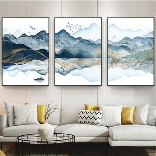 Mountain Lake Waterfall Picture Gold Line Scandinavian Poster Nordic Style Print Nature Scenery Art Canvas Painting Home Decor