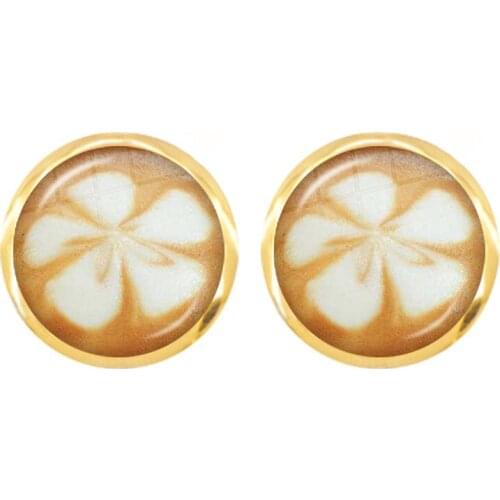 Coffee Latte Carving Love Heart Art Glass Cabochon Earrings Chocolate Printing Four Leaf Clover Cat Charm Golden-plated Earrings