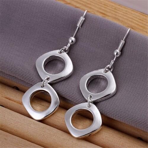 Beautiful double square silver color earrings hot selling fashion jewelry party E024 gift free shipping